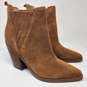 Marc Fisher Gadri Bootie Women 7 Natural Tan Suede Pointed Toe Stacked Heel